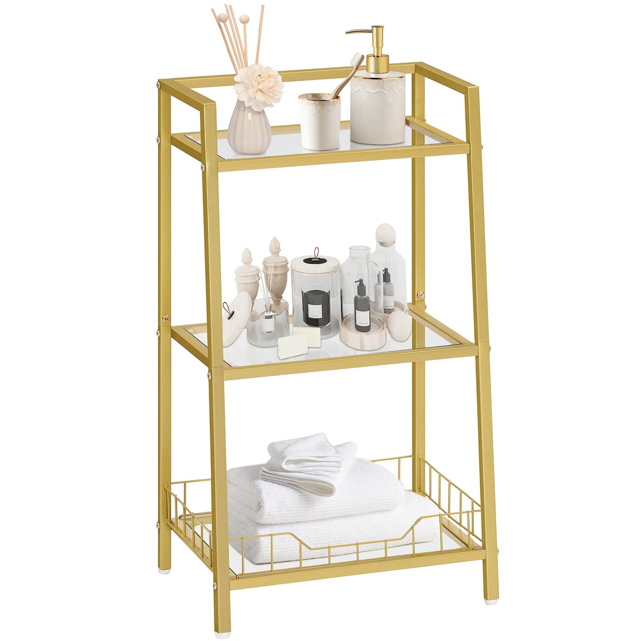 Gold Tempered Glass Bathroom Shelf with 3 Tiers and Guardrails